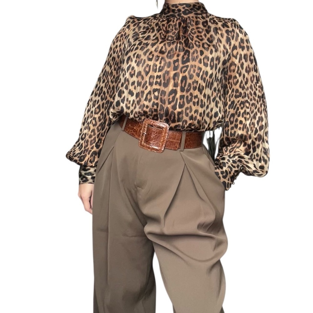 H&M Animal Print Blouse High Neck Balloon Sleeves Button Back - Small